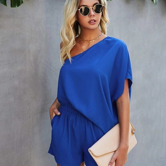 Blue Boho Womens One Shoulder Slant Pocket Romper - Picture 4 of 4
